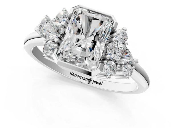 Platinum Radiant Cut Bezel Engagement Ring Setting with Pear and Round Side Stone Clusters