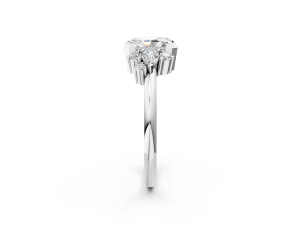 Platinum Radiant Cut Bezel Engagement Ring Setting with Pear and Round Side Stone Clusters