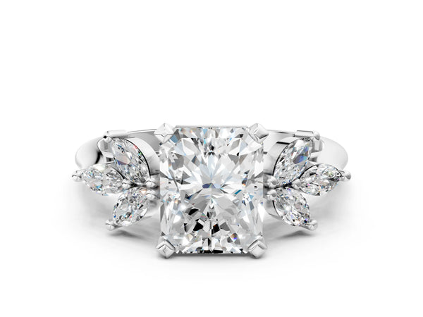 White gold Radiant Diamond Floral Cluster Ring with Marquise Side Stones and Six-Prong Solitaire Setting