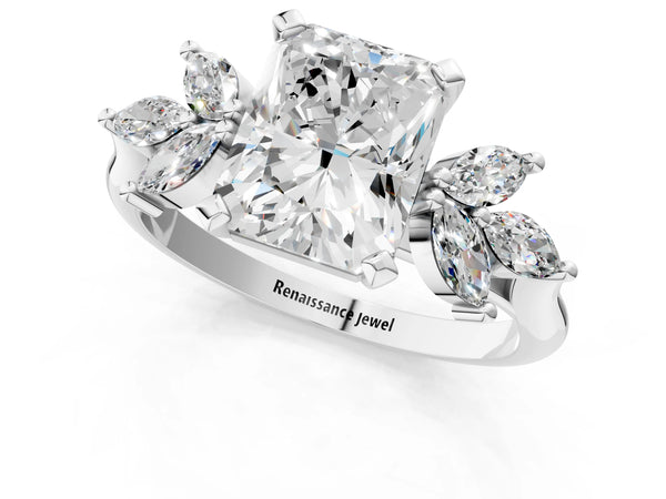 White gold Radiant Diamond Floral Cluster Ring with Marquise Side Stones and Six-Prong Solitaire Setting