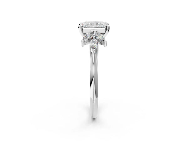 White gold Radiant Diamond Floral Cluster Ring with Marquise Side Stones and Six-Prong Solitaire Setting
