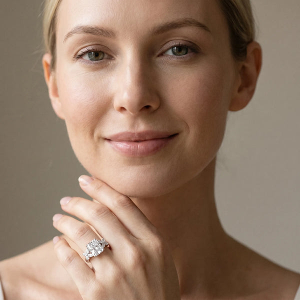 White gold Radiant Diamond Floral Cluster Ring with Solitaire Band and Prong Setting