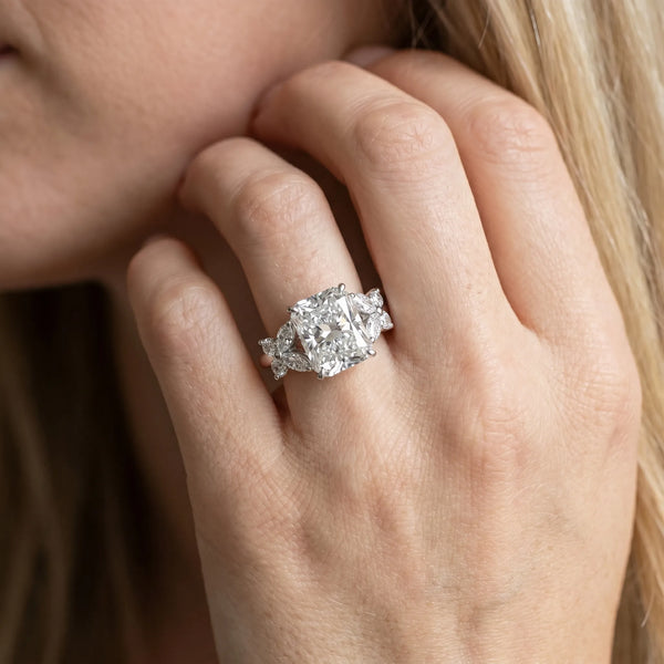 White gold Radiant Diamond Floral Cluster Ring with Solitaire Band and Prong Setting