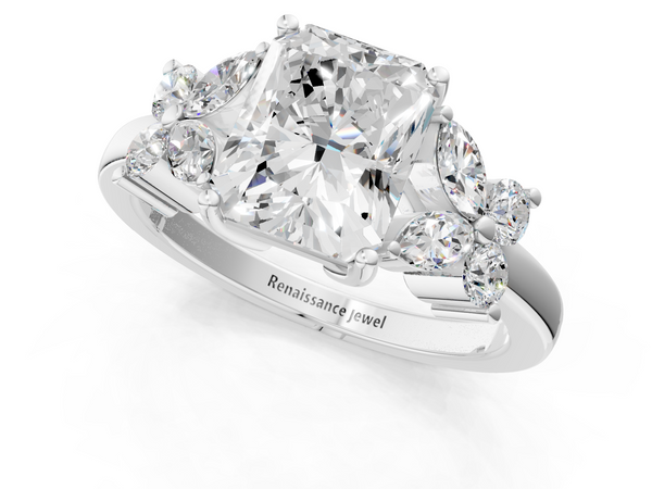 White gold Radiant Diamond Floral Cluster Ring with Solitaire Band and Prong Setting