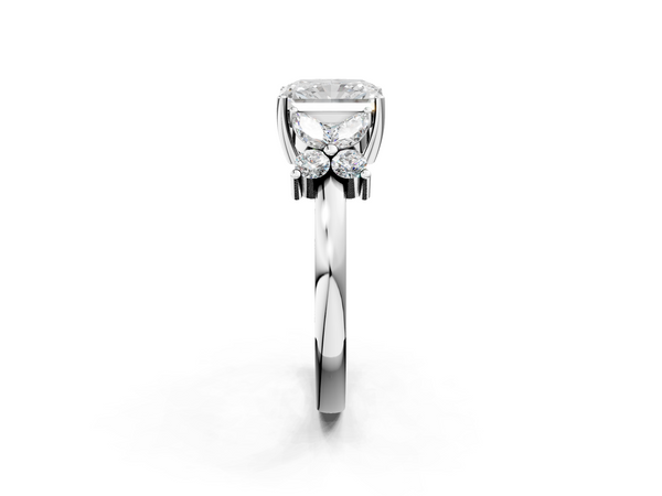 White gold Radiant Diamond Floral Cluster Ring with Solitaire Band and Prong Setting