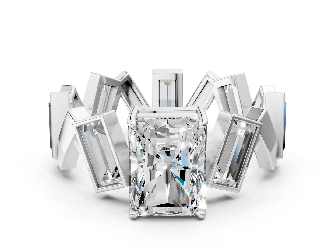 White gold Radiant Diamond Geometric Side Stone Engagement Ring