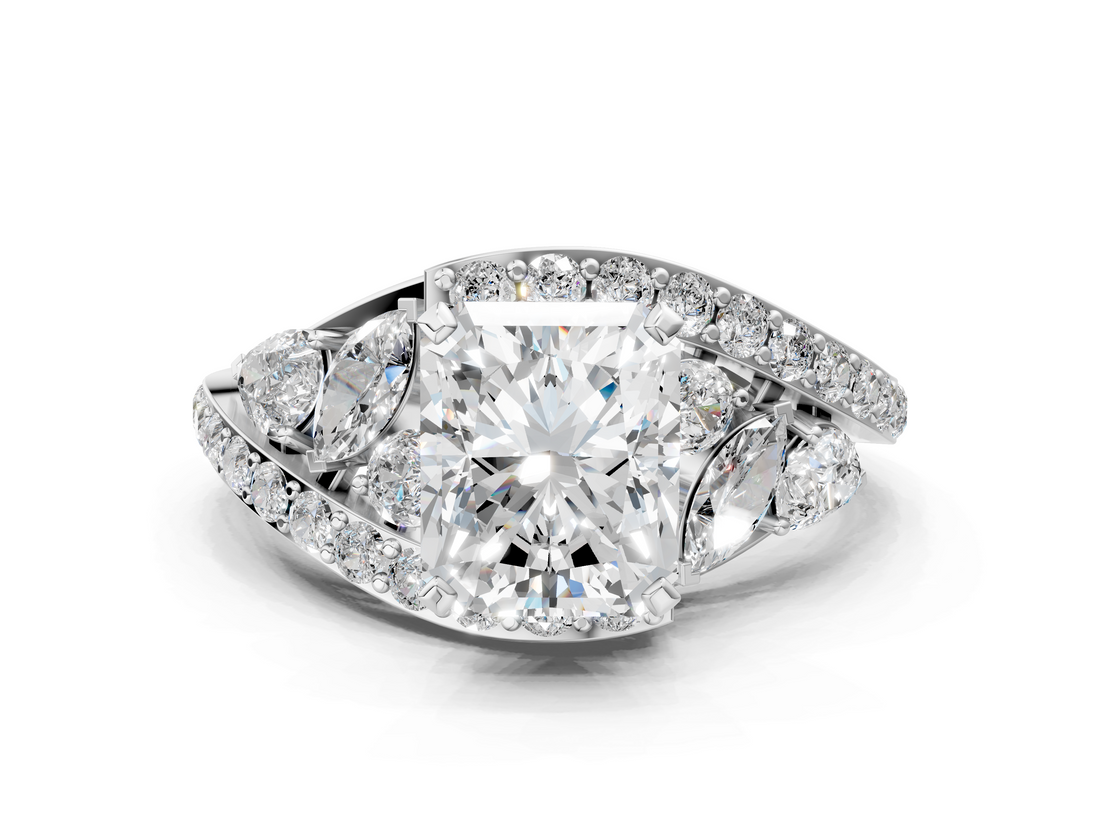 White gold Radiant Diamond Halo Ring with Marquise and Pavé Band in Prong Setting_110