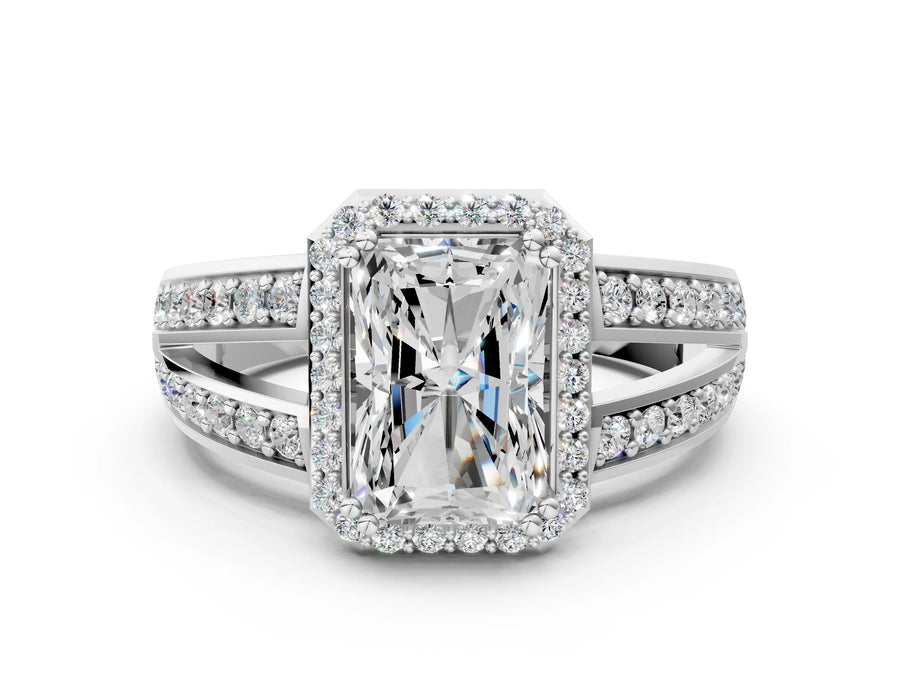 White gold Radiant Diamond Halo Ring with Split Shank Pavé Band and Four-Prong Setting