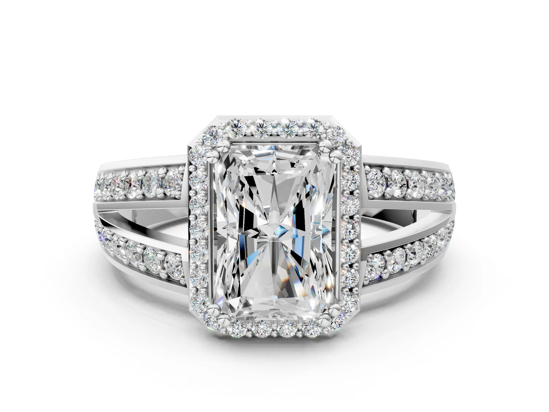 White gold Radiant Diamond Halo Ring with Split Shank Pavé Band and Four-Prong Setting_6