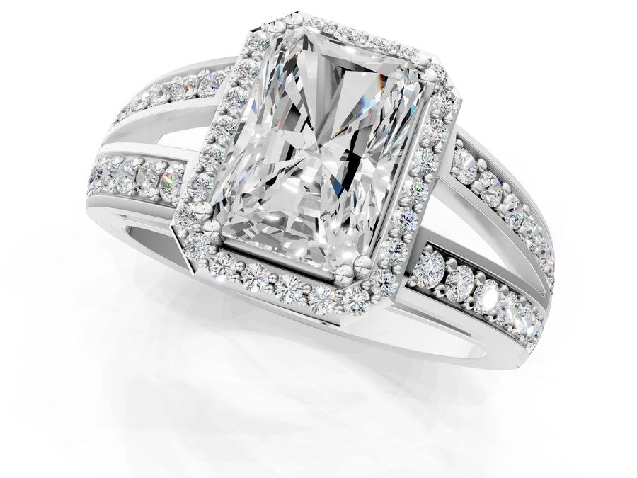 White gold Radiant Diamond Halo Ring with Split Shank Pavé Band and Four-Prong Setting