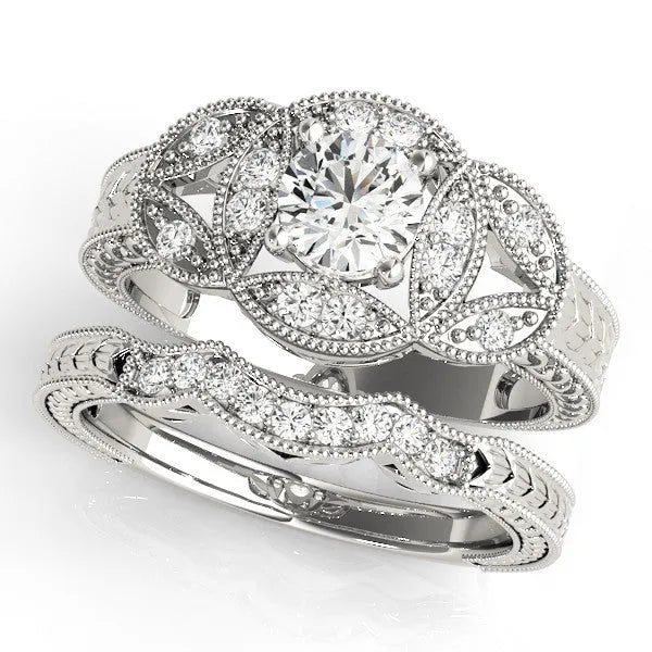 White gold Radiant Diamond Milgrain Marquise Filigree Engagement Ring with Prong Setting