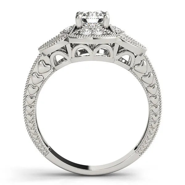 White gold Radiant Diamond Milgrain Marquise Filigree Engagement Ring with Prong Setting