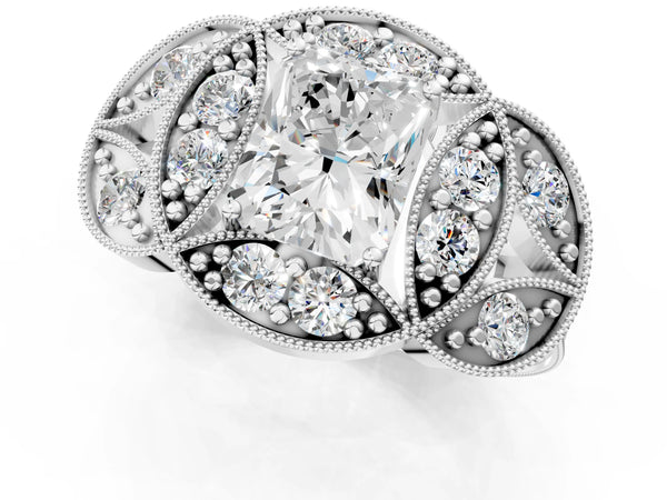 White gold Radiant Diamond Milgrain Marquise Filigree Engagement Ring with Prong Setting