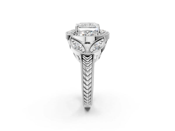 White gold Radiant Diamond Milgrain Marquise Filigree Engagement Ring with Prong Setting