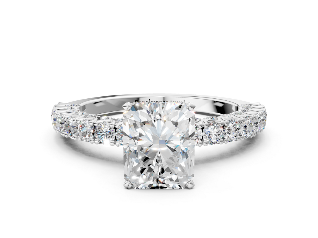 White gold Radiant Diamond Pavé Band Solitaire Ring with Four-Prong Setting_90