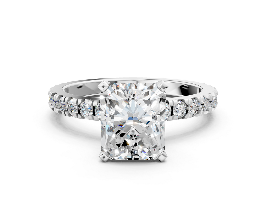 White gold Radiant Diamond Pavé Band Solitaire with Four-Prong Setting_232