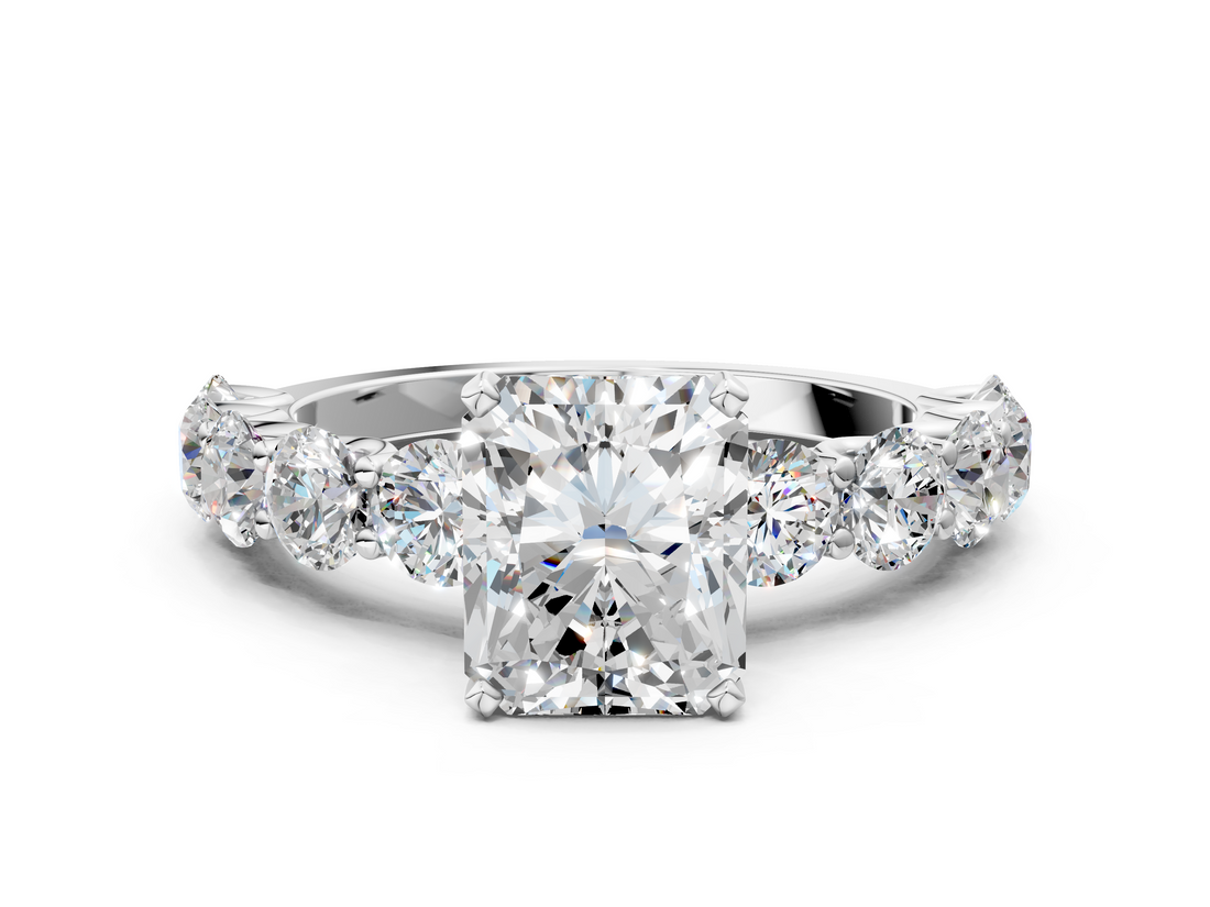 White gold Radiant Diamond Prong Setting with Side Stones on a Pave Band_176