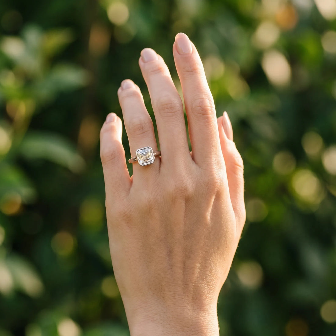 White gold Radiant Diamond Solitaire Ring with Bezel Setting and Classic Band_3