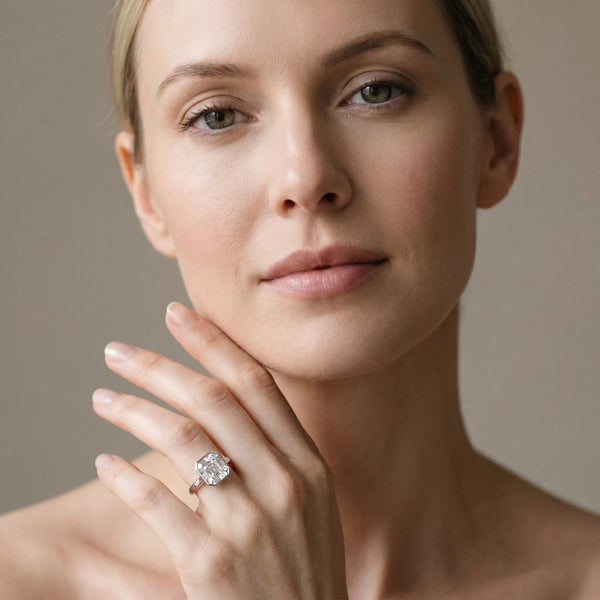 White gold Radiant Diamond Solitaire Ring with Bezel Setting and Classic Band