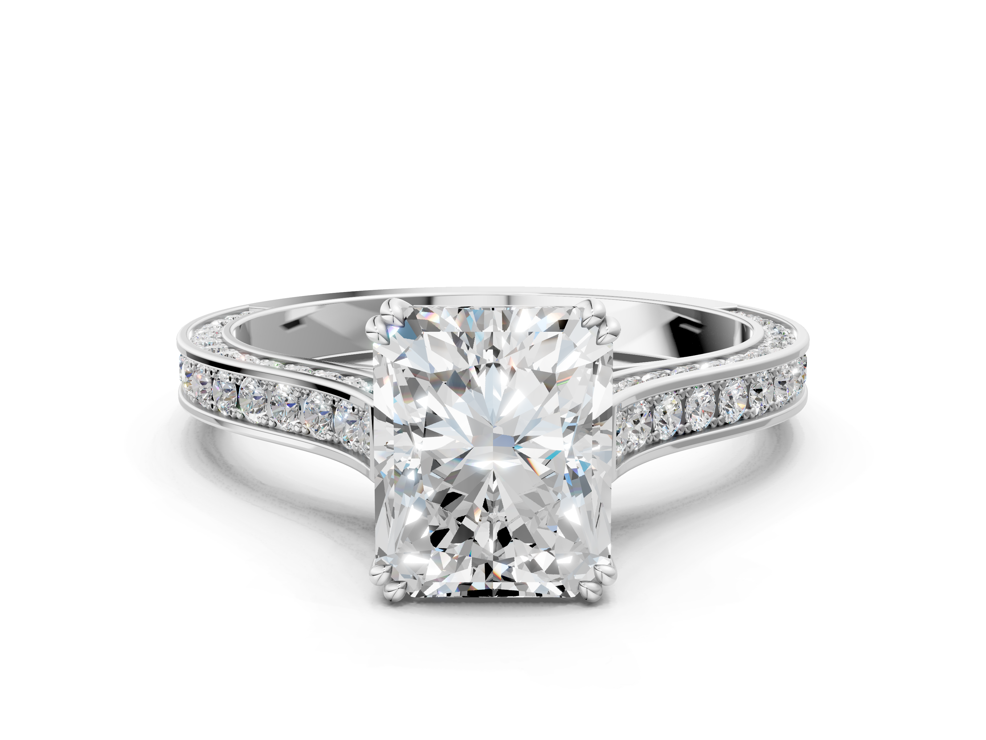 Platinum Radiant Diamond Solitaire with Pave Band and Six-Prong Settin