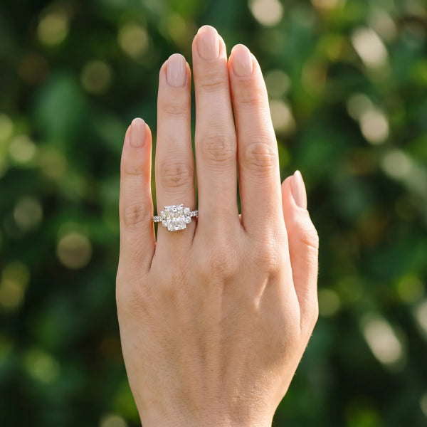 White gold Radiant Diamond Three-Stone Pave Band with Four-Prong Setting