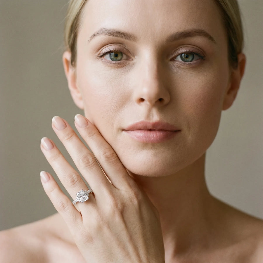 White gold Radiant Diamond Three-Stone Pave Band with Four-Prong Setting