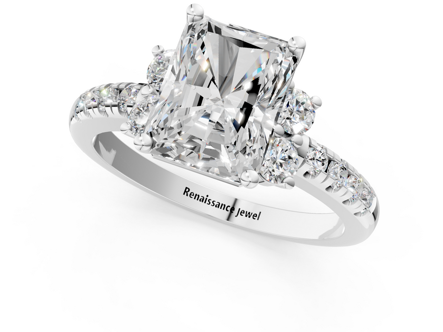 White gold Radiant Diamond Three-Stone Pave Band with Four-Prong Setting