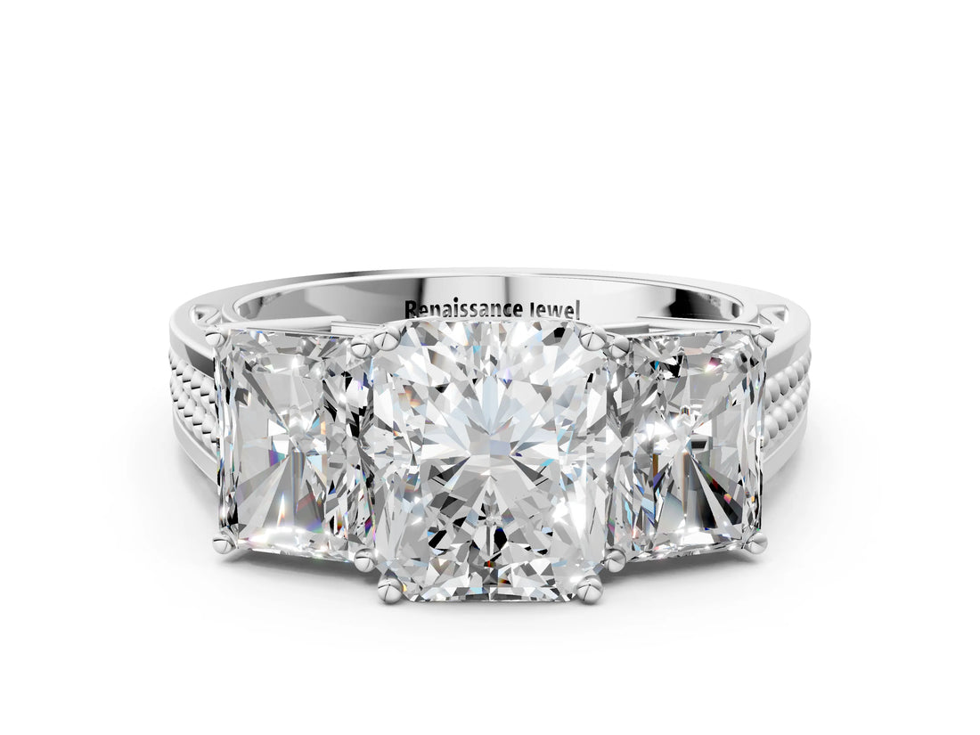 White gold Radiant Diamond Three-Stone Ring with Prong Setting and Textured Band_12