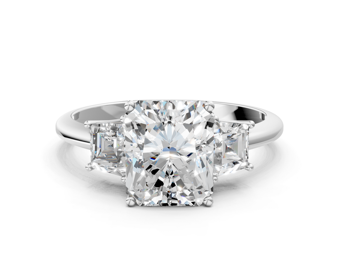 White gold Radiant Diamond Three-Stone Ring with Trapezoid Side Stones and Prong Setting_23