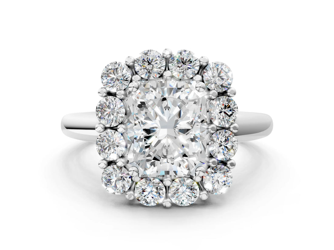 White gold Radiant Halo Cluster Diamond Engagement Ring with Prong Setting and Polished Band_123