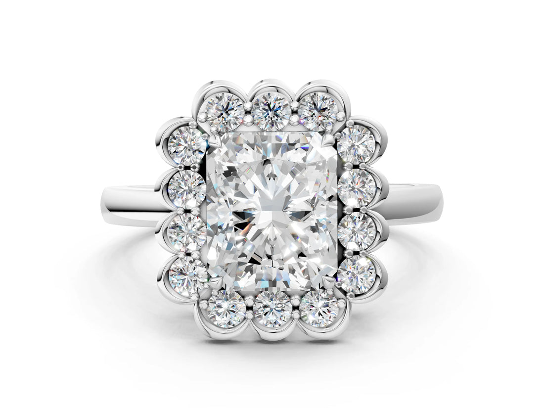 White gold Radiant Halo Cluster Diamond Engagement Ring with Solitaire Band and Prong Setting_49