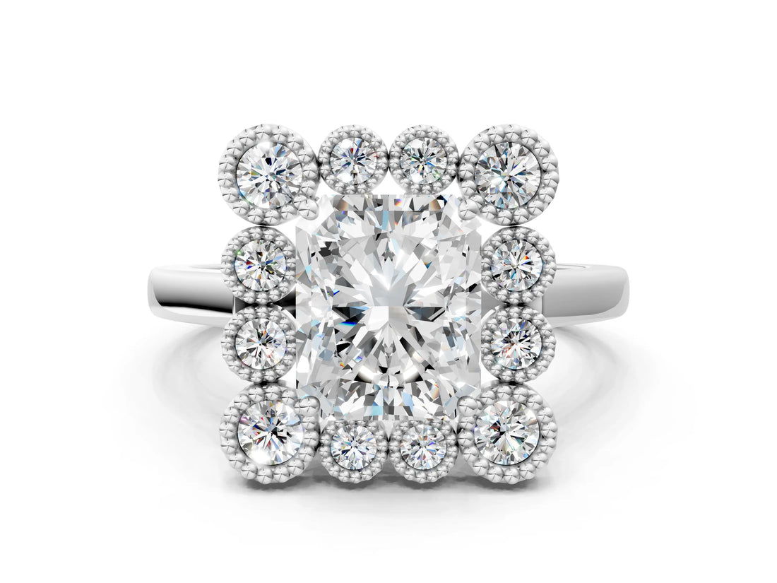 White gold Radiant Halo Diamond Cluster Engagement Ring with Milgrain Bezel Setting and Solitaire Band_39