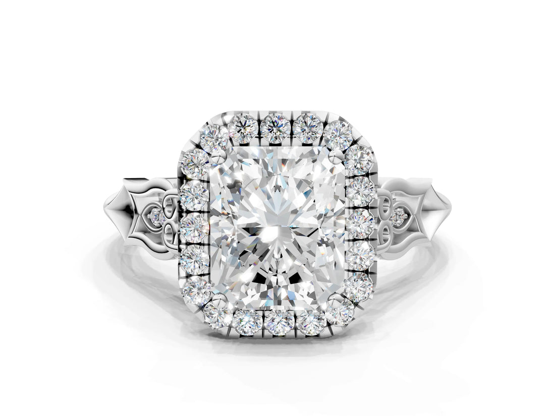 White gold Radiant Halo Diamond Engagement Ring with Filigree Band and Four-Prong Setting_81