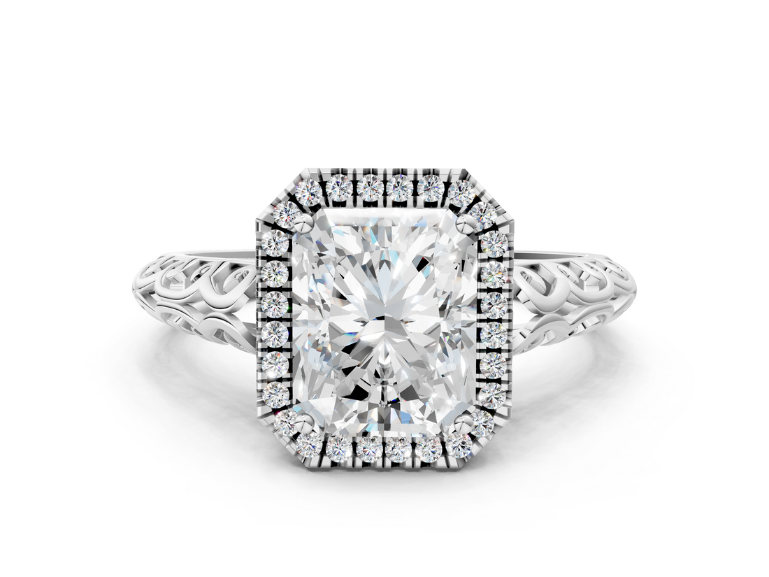 White gold Radiant Halo Diamond Engagement Ring with Intricate Filigree Band and Four-Prong Setting_54