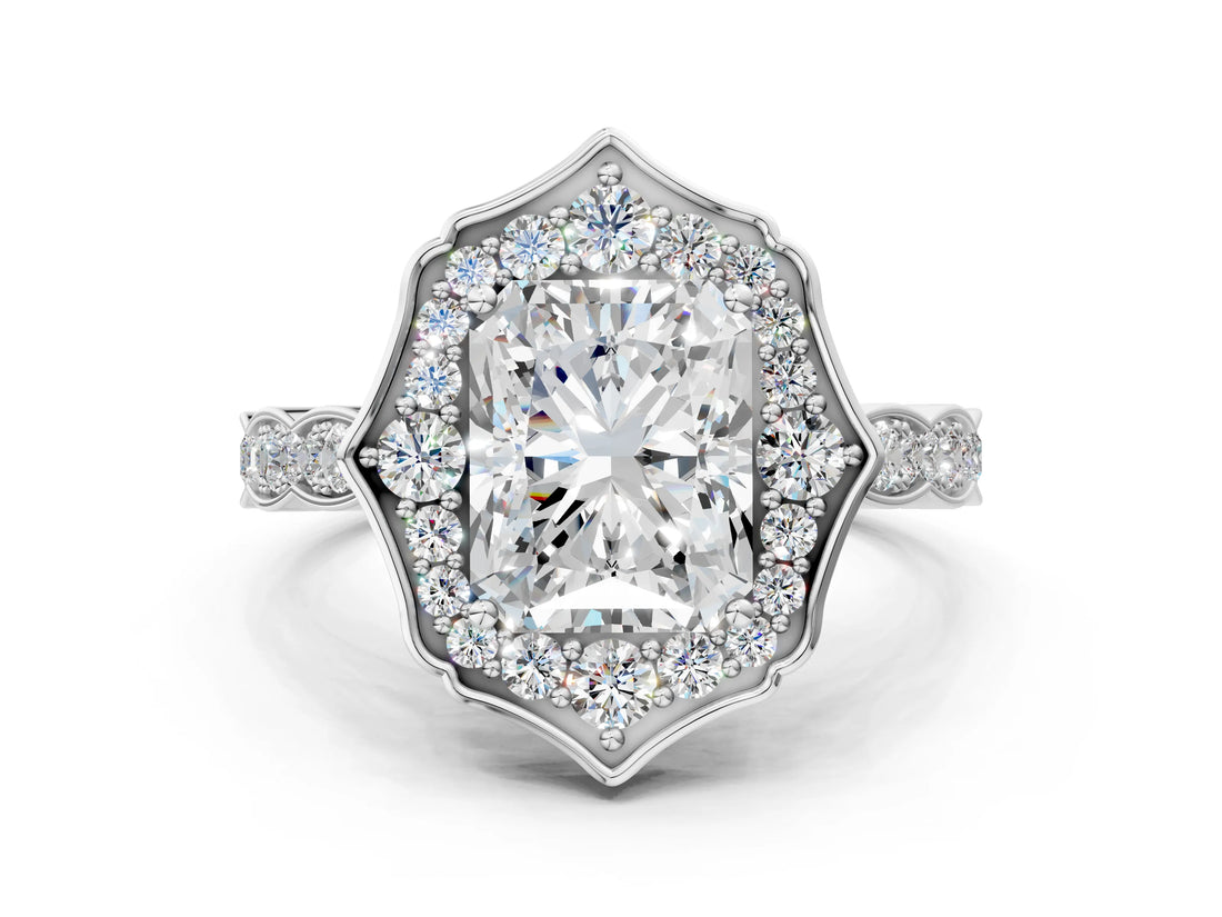 White gold Radiant Halo Diamond Engagement Ring with Milgrain Band and Four-Prong Setting_53