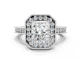 White gold Radiant Halo Diamond Engagement Ring with Milgrain Pave Band and Four-Prong Setting_51