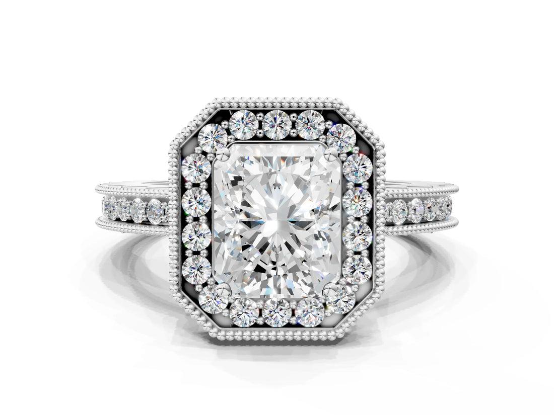 White gold Radiant Halo Diamond Engagement Ring with Milgrain Pave Band and Four-Prong Setting_51