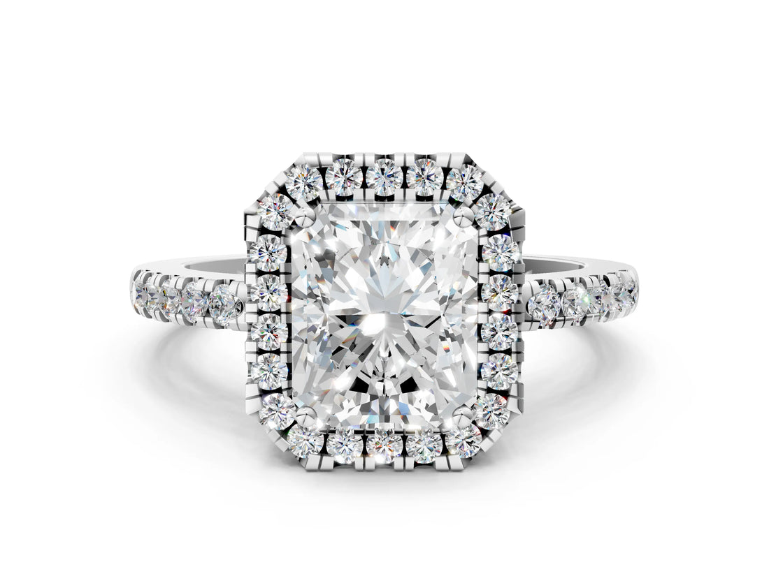 White gold Radiant Halo Diamond Engagement Ring with Pavé Band and Four-Prong Setting_117