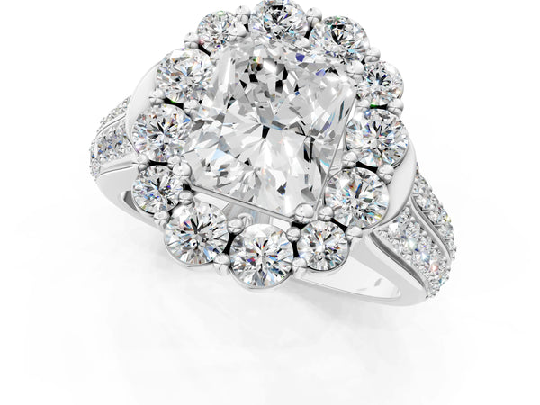White gold Radiant Halo Diamond Engagement Ring with Split Shank and Prong Setting