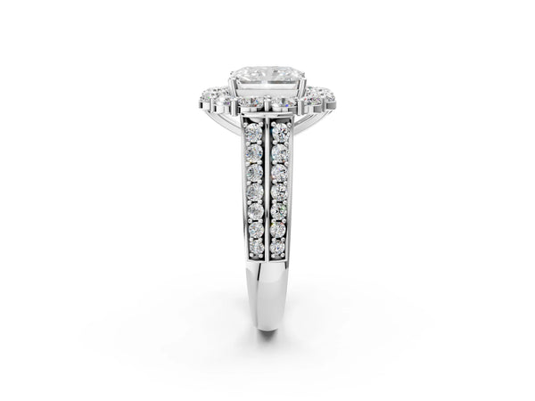White gold Radiant Halo Diamond Engagement Ring with Split Shank and Prong Setting