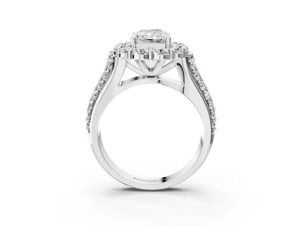 White gold Radiant Halo Diamond Engagement Ring with Split Shank and Prong Setting