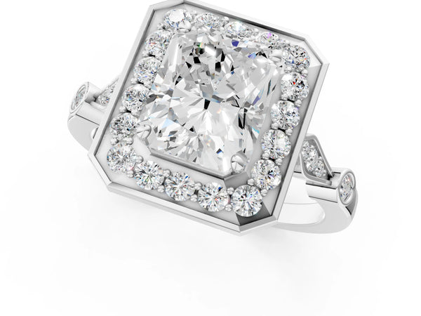 White gold Radiant Halo Diamond Engagement Ring with Twisted Band and Four-Prong Setting