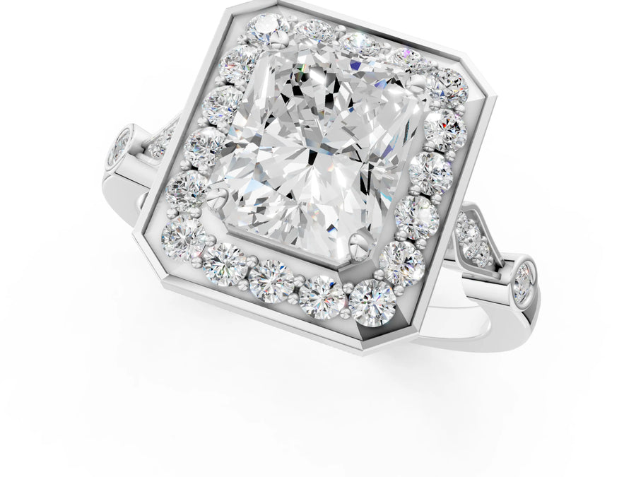 White gold Radiant Halo Diamond Engagement Ring with Twisted Band and Four-Prong Setting