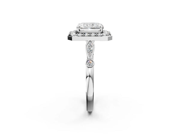 White gold Radiant Halo Diamond Engagement Ring with Twisted Band and Four-Prong Setting