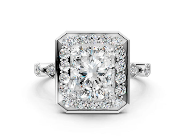 White gold Radiant Halo Diamond Engagement Ring with Twisted Band and Four-Prong Setting