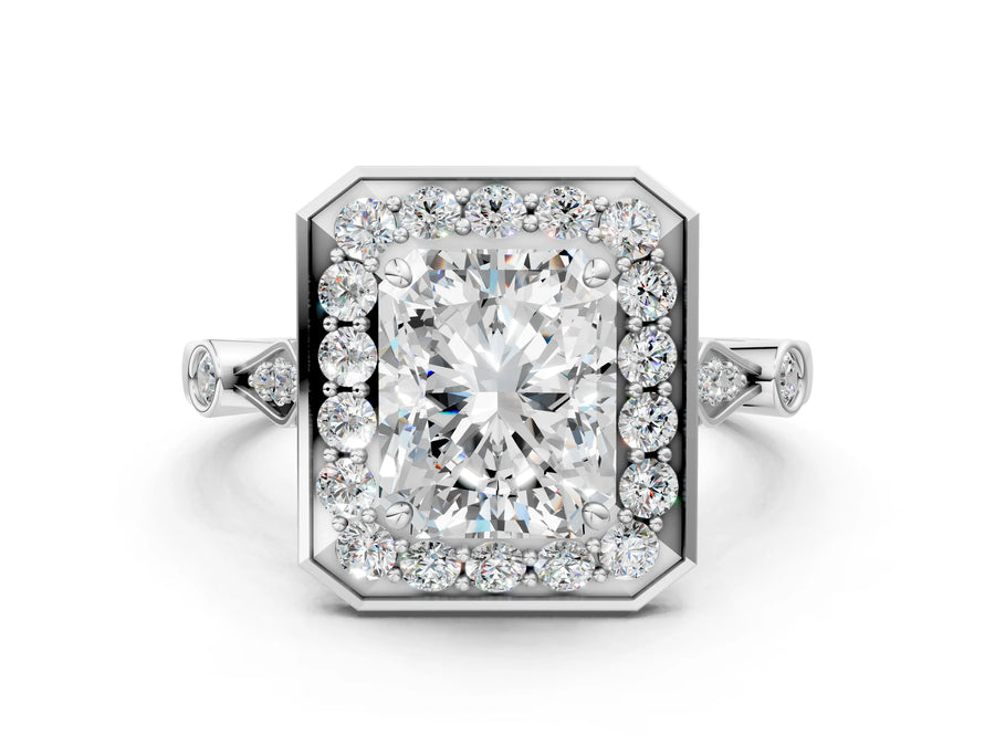 White gold Radiant Halo Diamond Engagement Ring with Twisted Band and Four-Prong Setting