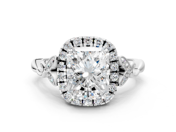 White gold Radiant Halo Diamond Engagement Ring with Vintage-Inspired Band and Four-Prong Setting