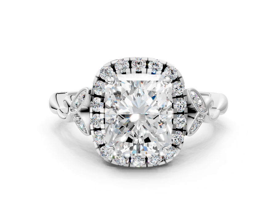White gold Radiant Halo Diamond Engagement Ring with Vintage-Inspired Band and Four-Prong Setting