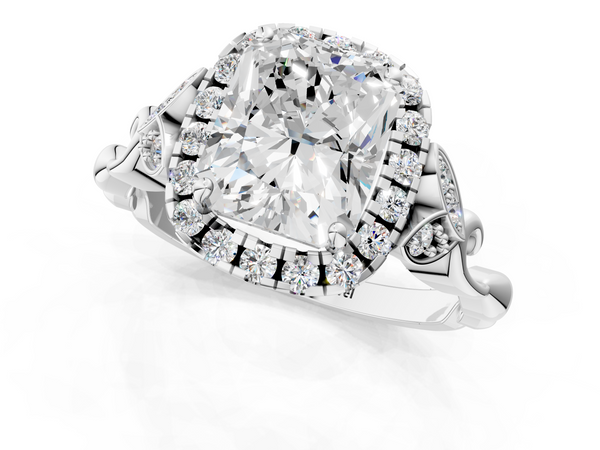 White gold Radiant Halo Diamond Engagement Ring with Vintage-Inspired Band and Four-Prong Setting