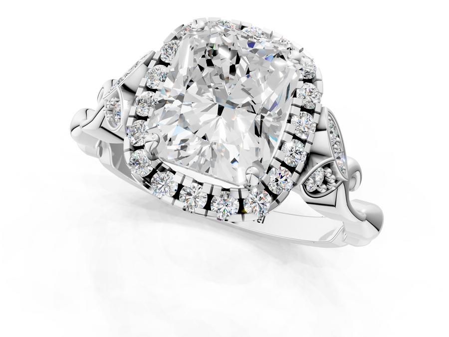 White gold Radiant Halo Diamond Engagement Ring with Vintage-Inspired Band and Four-Prong Setting